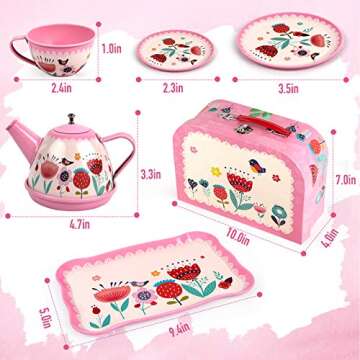 D-FantiX Kids Tea Set for Little Girls, 15Pcs Pink Tin Tea Party Set for Toddlers Afternoon Tea Time Playset with Metal Teapots Tea Cups Play Dishes Princess Toys Gifts with Carry Case