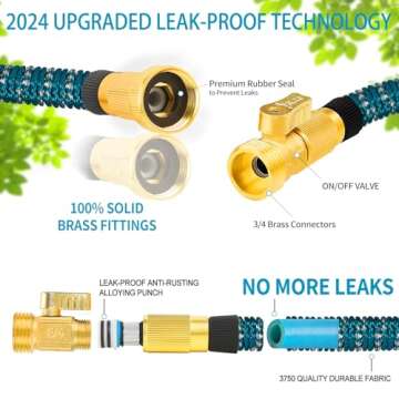 50 ft Expandable Garden Hose - All New 2024 Uprated Retractable Water Hose with 3/4" Solid Brass Fittings, Extra Strength Fabric - Flexible Expanding Hose with 10 Pattern Spray Nozzles