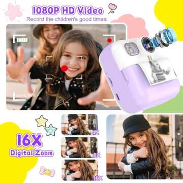 Kids Camera Instant Print, Christmas Birthday Gifts for Girls Boys, Children Digital Camera with 32GB Card, 1080P Video Toddler Print Camera, Portable Kids Toys for Girls Age 3 4 5 6 7 8 9 10 (Purple)