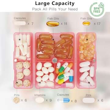 FYY Daily Pill Organizer, 7 Compartments Portable Pill Case Travel Pill Organizer,[Folding Design] Pill Box for Purse Pocket to Hold Vitamins,Cod Liver Oil,Supplements and Medication-Clear Red