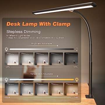 Airlonv LED Desk Lamp for Office Home, Eye-Caring Desk Light with Stepless Dimming Adjustable Flexible Gooseneck