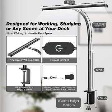 Airlonv LED Desk Lamp for Office Home, Eye-Caring Desk Light with Stepless Dimming Adjustable Flexible Gooseneck