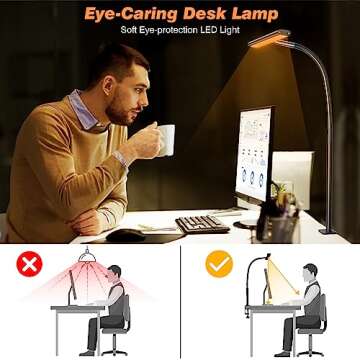 Airlonv LED Desk Lamp for Office Home, Eye-Caring Desk Light with Stepless Dimming Adjustable Flexible Gooseneck