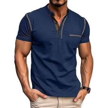 Men's Fashion Henley Shirt Classic Short/Long Sleeve Lightweight Button Cotton T-Shirt Casual Top Blue