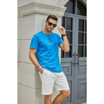 Men's Fashion Henley Shirt Classic Short/Long Sleeve Lightweight Button Cotton T-Shirt Casual Top Blue