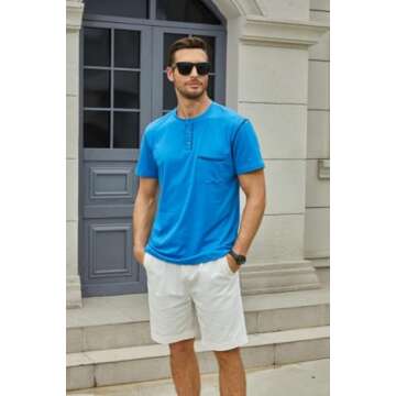 Men's Fashion Henley Shirt Classic Short/Long Sleeve Lightweight Button Cotton T-Shirt Casual Top Blue