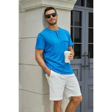 Men's Fashion Henley Shirt Classic Short/Long Sleeve Lightweight Button Cotton T-Shirt Casual Top Blue