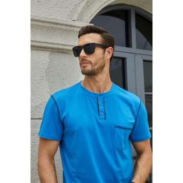 Men's Fashion Henley Shirt Classic Short/Long Sleeve Lightweight Button Cotton T-Shirt Casual Top Blue