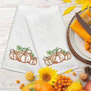 Fall Hand Towels Cotton Embroidered Sets of 2 - Fall Kitchen Towels Bathroom - Fall Pumpkins Dish Towels Tea Dishcloths - Holiday Decorative Autumn Thanksgiving Farmhouse Hostess Housewarming Gifts