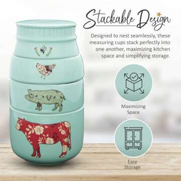 Pavilion Gift Company - 'Live Simply Bee, Chicken, Pig, and Cow' - 4-Piece Stoneware Measuring Cups Set, Sturdy Farmhouse-Style Kitchenware for Home Baking, Cooking, Gifting - Teal, 8 Ounces