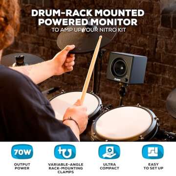 Alesis Nitro Amp 70W 3" Compact Electric Drum Monitor Speaker for Practice and Lessons, Rack-Mountable with Clamps Included