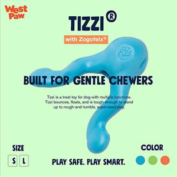 WEST PAW Zogoflex Tizzi Treat Dispensing Dog Toy – Interactive Play Toy for Dogs, Puppies – Floatable, High-Flying Dog Toys for Fetch, Catch, Tug of War, Recyclable, Dishwasher Safe, Small, Aqua Blue