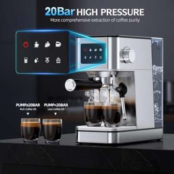 QJA Espresso Machine, 20 Bar Professional Espresso Maker, Milk Frother Steam Wand for Latte, Compact Stainless Steel Machine with 57.5oz Removable Water Tank and LED Touchscreen Monitors