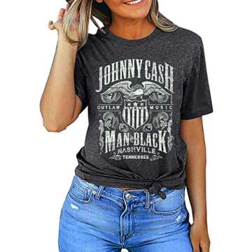 Cash Graphic Shirt Tees Women Vintage Country Music T-Shirt Casual Band Music Lovers Top Tee(L,Gray)