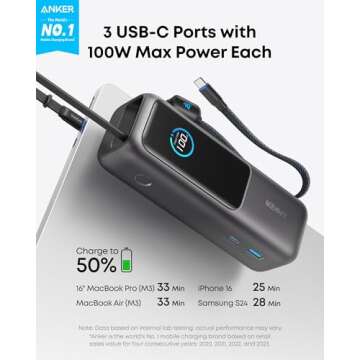 Anker Laptop Power Bank, 25,000mAh Portable Charger with Triple 100W USB-C Ports for Multi-Device Charging, Built-in and Retractable Cables, for iPhone 16/15 Series, MacBook, Samsung, and More