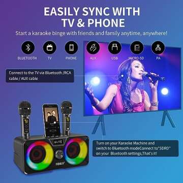 Karaoke Machine for Adults and Kids with 2 UHF Wireless Microphones,Portable Bluetooth Speaker PA Speaker System with LED Party Lights for Home Party, Picnic,Car,Outdoor/Indoor/Birthday Gifts