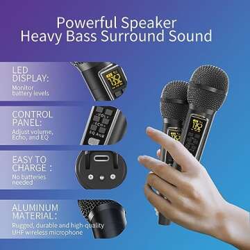 Karaoke Machine for Adults and Kids with 2 UHF Wireless Microphones,Portable Bluetooth Speaker PA Speaker System with LED Party Lights for Home Party, Picnic,Car,Outdoor/Indoor/Birthday Gifts