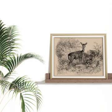 Deer in the Forest Trees Drawing Etching Rustic Gray Picture - Cute Deer Art Print Poster - Vintage Farmhouse Engrave Wall Art - Grey Neutral Sketch - Minimalist Mid Century French Country Room Decor