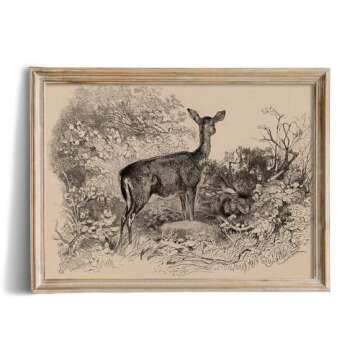 Deer in the Forest Trees Drawing Etching Rustic Gray Picture - Cute Deer Art Print Poster - Vintage Farmhouse Engrave Wall Art - Grey Neutral Sketch - Minimalist Mid Century French Country Room Decor