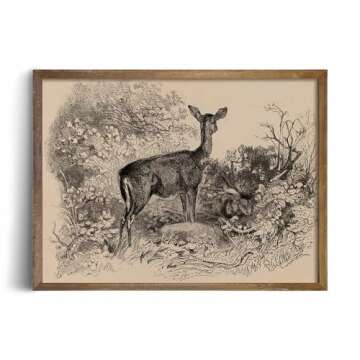 Deer in the Forest Trees Drawing Etching Rustic Gray Picture - Cute Deer Art Print Poster - Vintage Farmhouse Engrave Wall Art - Grey Neutral Sketch - Minimalist Mid Century French Country Room Decor