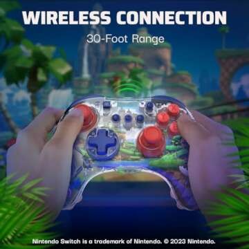 PDP REALMz™ Wireless Nintendo Switch Pro Controller, Customizable LED, 40 Hour Rechargeable Battery Power, Officially Licensed by Nintendo and SEGA: Sonic Superstars (Sonic Green Hill Zone) (Renewed)