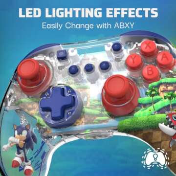 PDP REALMz™ Wireless Nintendo Switch Pro Controller, Customizable LED, 40 Hour Rechargeable Battery Power, Officially Licensed by Nintendo and SEGA: Sonic Superstars (Sonic Green Hill Zone) (Renewed)