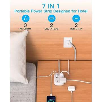 Cruise Ship Essentials, Travel Power Strip with USB C, Flat Plug Extension Cord with 3 Outlets 4 USB Ports(2 USB C), 5 ft Desk Wall Outlet Extender, Non Surge Protector for Cruise, Dorm Room, ETL