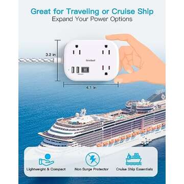 Cruise Ship Essentials, Travel Power Strip with USB C, Flat Plug Extension Cord with 3 Outlets 4 USB Ports(2 USB C), 5 ft Desk Wall Outlet Extender, Non Surge Protector for Cruise, Dorm Room, ETL