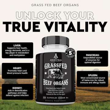 Ancestral Supplements Grass Fed Beef Organ Supplement, Supports Whole Body Wellness with Proprietary Blend of Liver, Heart, Kidney, Pancreas, Spleen, Freeze-Dried Beef, Non-GMO, 180 Capsules