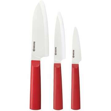 KYOCERA INNOVATION Red Ceramic Knife Set: 3" Pairing, 4.5" Utility, 5.5" Santoku with Non-Slip Handle