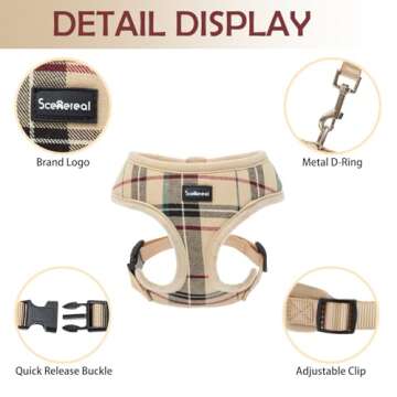 SCENEREAL Puppy Dog Harness with Leash Set for Small Medium Sized Dogs, Soft Mesh Step in Pet Harnesses and Leash, No Chock Plaid Adjustible No Pull Vest for Dogs Cats, Chihuahua,Bulldog (Beige S)