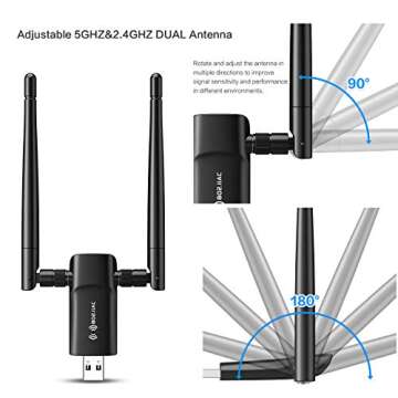 Nineplus Wireless USB WiFi Adapter for PC - 1300Mbps Dual 5Dbi Antennas 5G/2.4G WiFi Adapter for Desktop PC Laptop Windows11/10/8/7/Vista/XP, Wireless Adapter for Desktop Computer Network Adapters