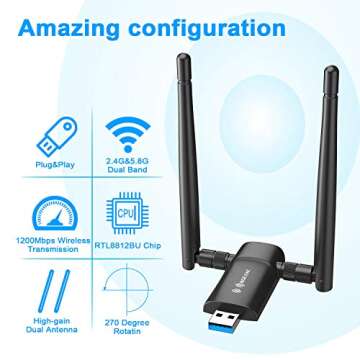 Nineplus Wireless USB WiFi Adapter for PC - 1300Mbps Dual 5Dbi Antennas 5G/2.4G WiFi Adapter for Desktop PC Laptop Windows11/10/8/7/Vista/XP, Wireless Adapter for Desktop Computer Network Adapters