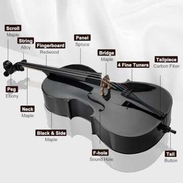 Poseidon Cello 4/4 Size, Acoustic Cello of Solid Wood with Portable Cello Case, Bow, Cello Bridge, Rosin, Cello 4/4 Strings Set for Students & Adult Beginner String Instruments - Matt Black Varnish