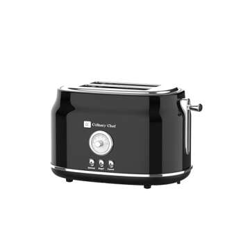 CULINARY CHEF, 2 Slice Toaster, Retro Style, Wide Slot for Bread, English Muffins, Croissants, and Bagels, 5 Adjustable Toast Settings, Cancel and Defrost, 900w, Black