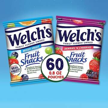 Welch's Fruit Snacks, Mixed Fruit & Berries 'N Cherries Variety Pack, Perfect Halloween Candy Bulk Pack, Gluten Free, 0.8 oz Individual Single Serve Bags (Pack of 60)