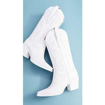 Jeffrey Campbell Dagget White Combo Pull On Block Heel Pointed Toe Western Boots (White Combo, 9)