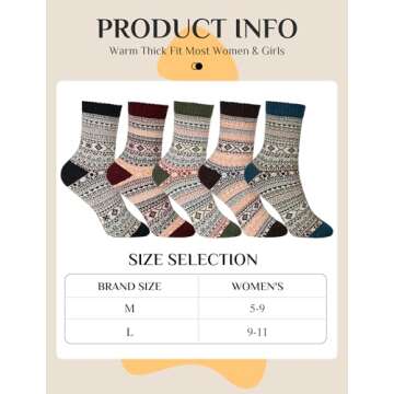 ZHICVIVA 5 Pairs Womens Vintage Winter Wool Socks, Cozy Soft Warm Thick Multicolor Knit Cushion Crew Socks, Free Size Christmas Gifts Ideas For Women Best Stuffers Fall