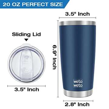 WETOWETO 20oz Tumbler, Stainless Steel Vacuum Insulated Coffee Travel Mug, Double Wall Powder Coated Insulated Coffee Mug Travel Mug with Lid Thermal Cup for Outdoor (Navy Blue, 1 Pack)