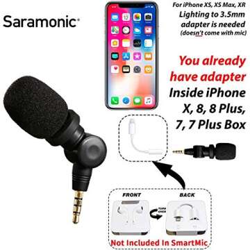 Saramonic SmartMic Mini Condenser Flexible Microphone for Smartphones,Vlogging Microphone for iPhone and YouTube Video, Mic for iOS Apple iPhone 7 7s 8 X 11 6 6s iPad and Android Phone