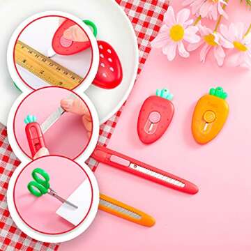 6 Pcs Small Cute Box Cutter Mini Retractable Utility Knife Scissors Carrot Strawberry Shaped Letter Opener Lock Slides Knife Stationery Supplies for Students Letter Small Box DIY Crafts