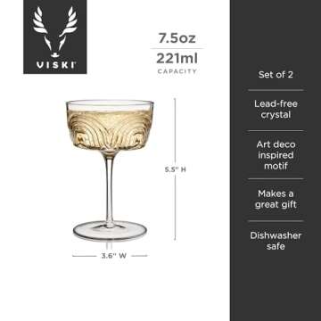 Viski Beau Cocktail Coupe Glasses, Unique Cocktail Glasses Crystal Drinkware, 7.5oz. Cocktail Glasses Stem Vintage Wine Glasses Inspired Set of 2