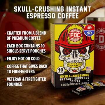 Fire Department Coffee - Skull Crushing Instant Espresso - Instant Coffee Packets Single Serve - Gives Back to Firefighters - Veteran Owned - Enjoy Hot or Cold (Pack of 10)