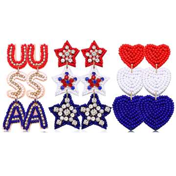 4th of July Earrings, Beaded American Flag Patriotic Earrings for Women, Handmade Letter USA Star Heart Dangle Earrings American Independence Day 4th of July Accessories (3 Pairs A)