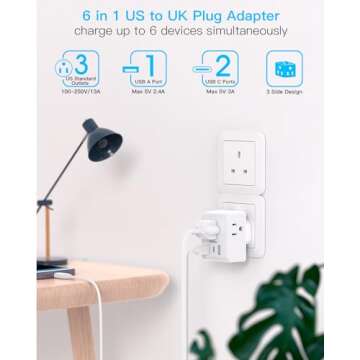 US to UK Ireland Travel Plug Adapter, Type G Power Plug Adapter with 3 Outlets 3 USB Ports(2 USB C), European Travel Plug Adapter for USA to England London Scotland British Qatar Irish Hongkong