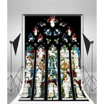 AOFOTO 6x8ft Angel Stained Glass Window Photography Background Vintage Church Cathedral Glass Painting Heaven Backdrop Religion Kid Adult Artistic Portrait Photoshoot Studio Props Video Drape Vinyl