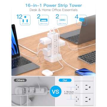 Surge Protector Power Strip Tower, 12 Outlets 4 USB (2 USB C) Desktop Charging Station for Multiple Devices, 6Ft Flat Plug Extension Cord with Multiple Outlets, Home Office College Dorm Essentials