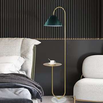 beaysyty Modern Elegant with Tray Floor Lamp for Office Cafe Den Living Room Bedroom, Foot Switch and Brass/Gold Finish,Dark Green Pleated Cloth Lampshade