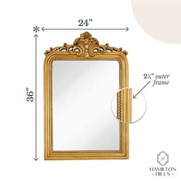 Hamilton Hills 24x36 inch Vintage Gold Mirror | French Baroque & Antique Arched Mirror for Wall Decor | Gold Bathroom Mirror | Ornate Entryway Mirrors for Wall | Decorative Fancy Vanity to Hang