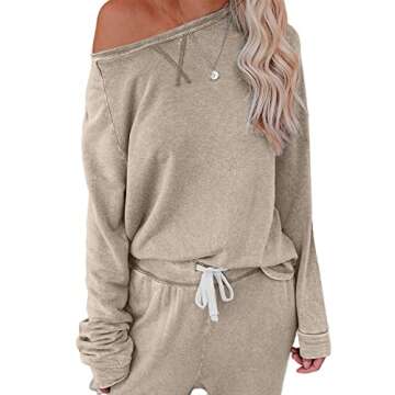 Saeklia Cozy 2 Piece Outfits Lounge Sets for Womens Loungewear Long Sleeve Tops and Joggers Sweatpants Sweats Track Suits Sets - Khaki L